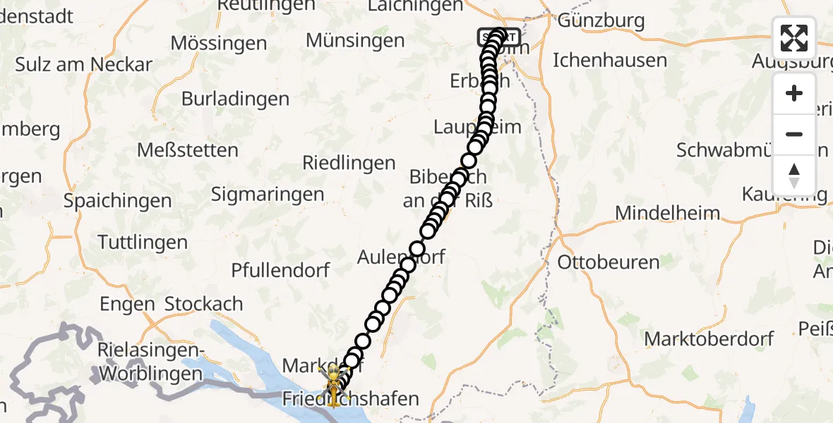 Flugroute Rettungshubschrauber Ulm Military Hospital Emergency - Friedrichshafen Hospital, 24 März 2026, 11:03