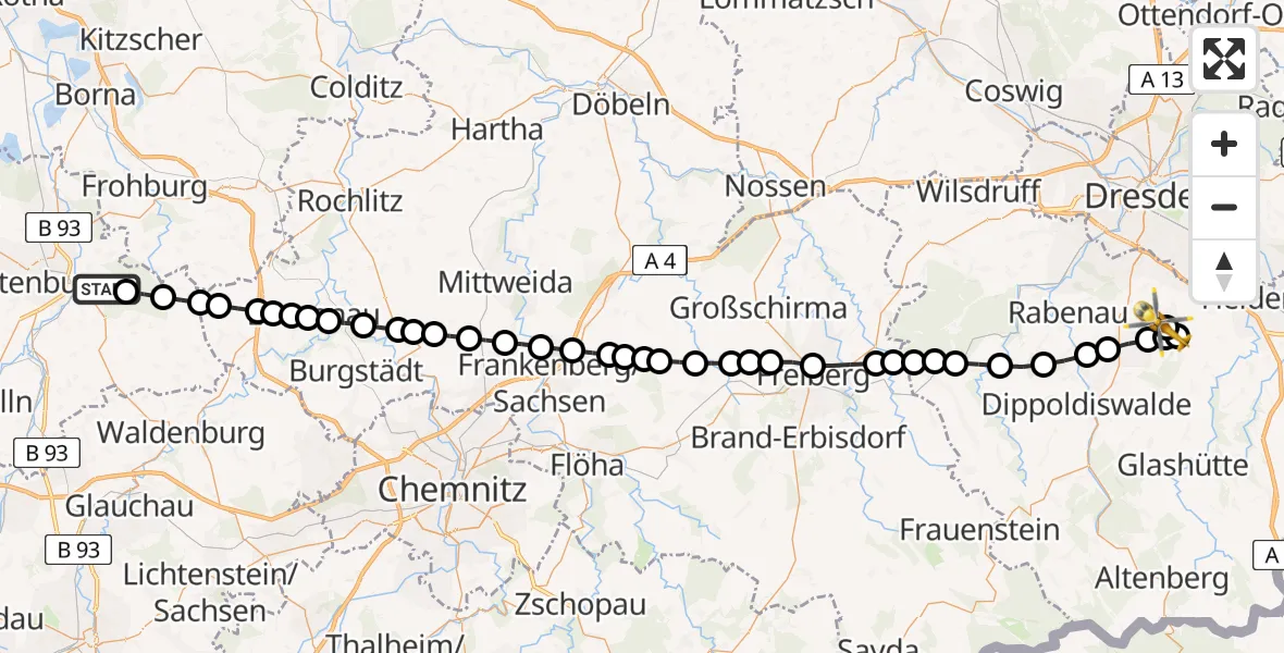 Flugroute Rettungshubschrauber Leipzig–Altenburg Flughafen - Theisewitz, 24 März 2026, 11:03