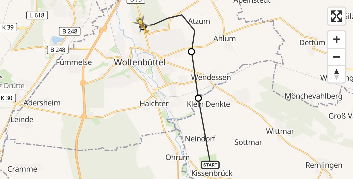 Routekaart van de vlucht: Rettungshubschrauber nach Wolfenbüttel Municipal Hospital Heliport (Christoph 30)