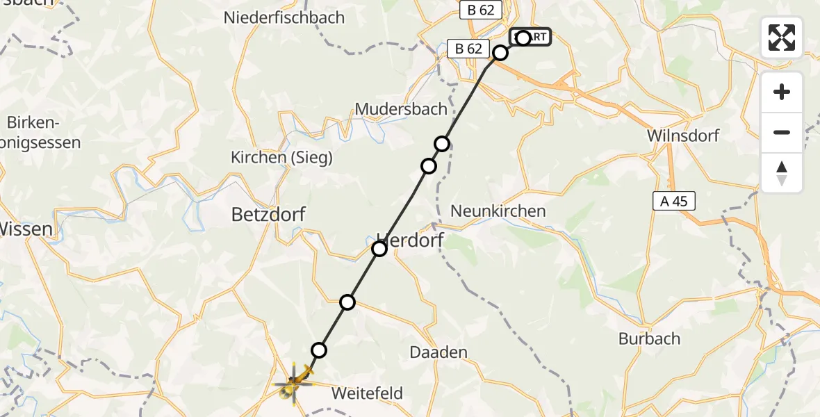 Flugroute Rettungshubschrauber Evangelisches Jung-Stilling Hospital - Elkenroth, 24 März 2026, 11:08