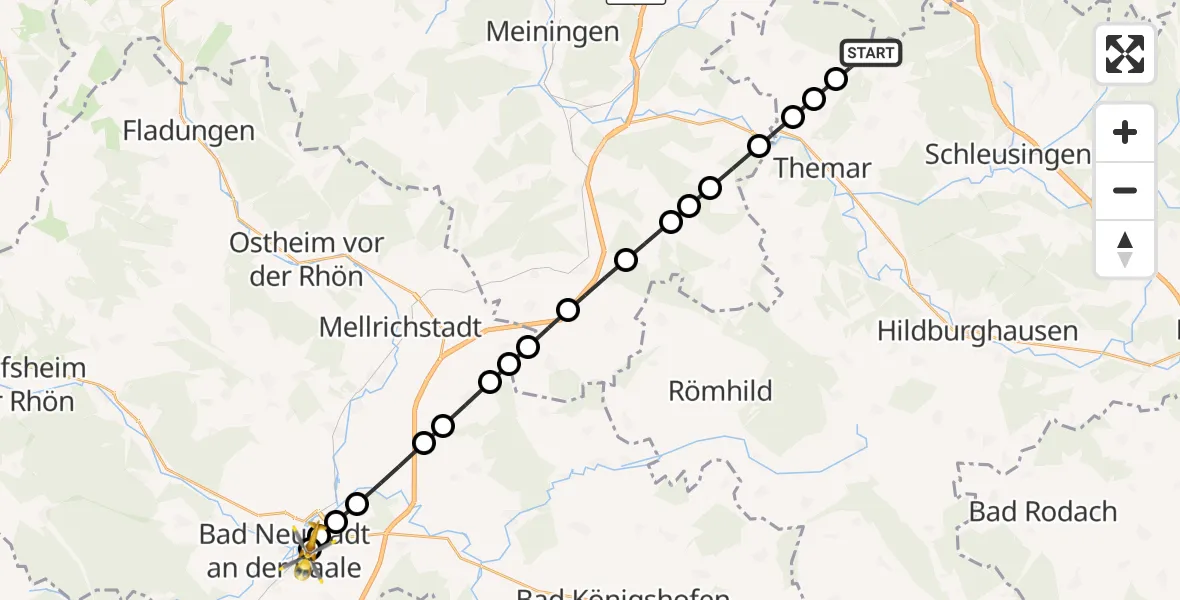 Flugroute Rettungshubschrauber Grub - Bad Neustadt an der Saale Hospital, 24 März 2026, 11:15