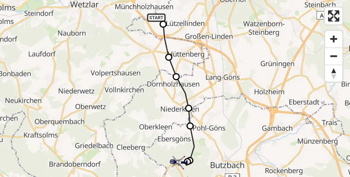 Flugroute Polizeihubschrauber Gießen-Lützellinden Flugplatz - Pfingstweide Flugplatz, 24 März 2026, 11:17
