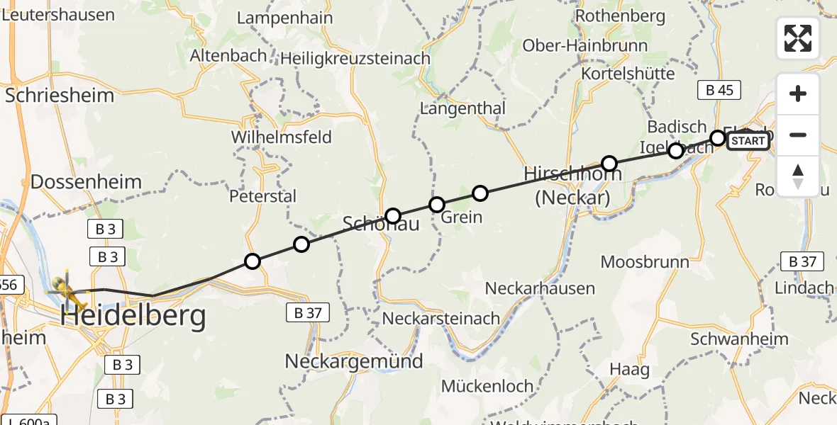 Flugroute Rettungshubschrauber Eberbach - Heidelberg, 24 März 2026, 11:23