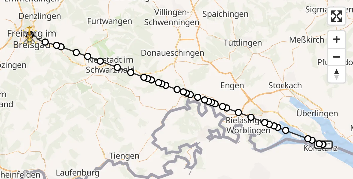 Flugroute Rettungshubschrauber Konstanz Hospital - Freiburg University Hospital Heliport 1, 24 März 2026, 11:26