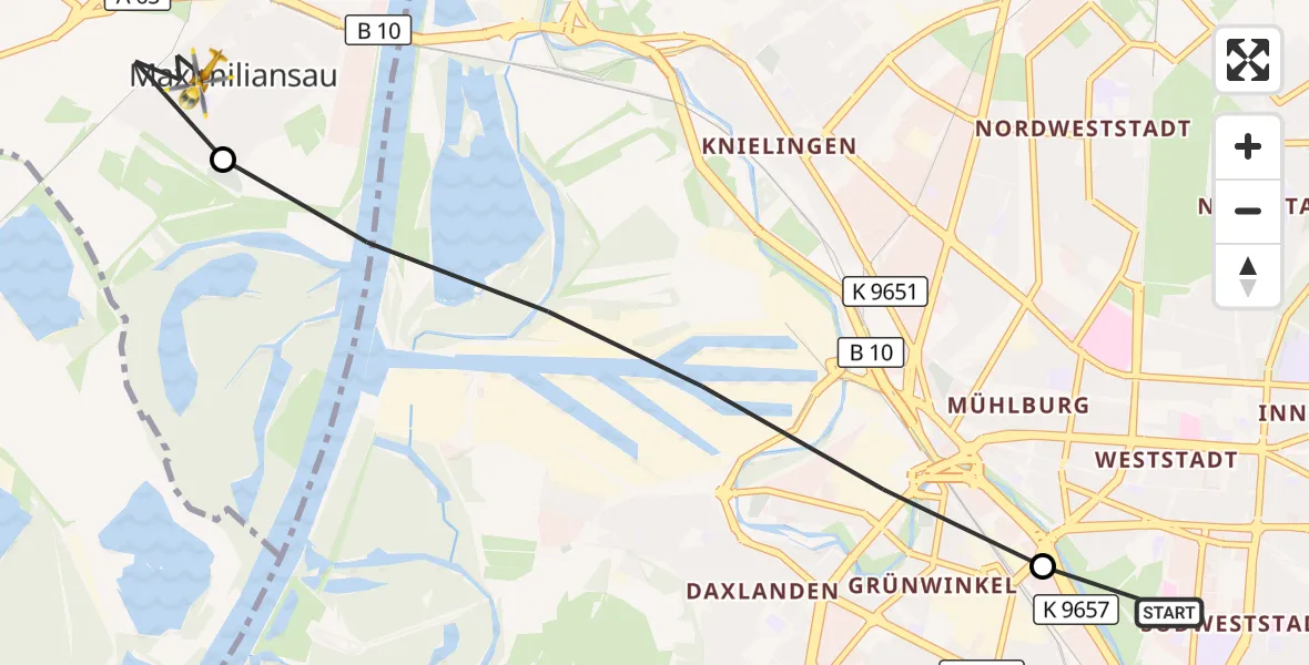 Flugroute Rettungshubschrauber Sankt Vincentius Hospital - Maximiliansau, 24 März 2026, 11:28