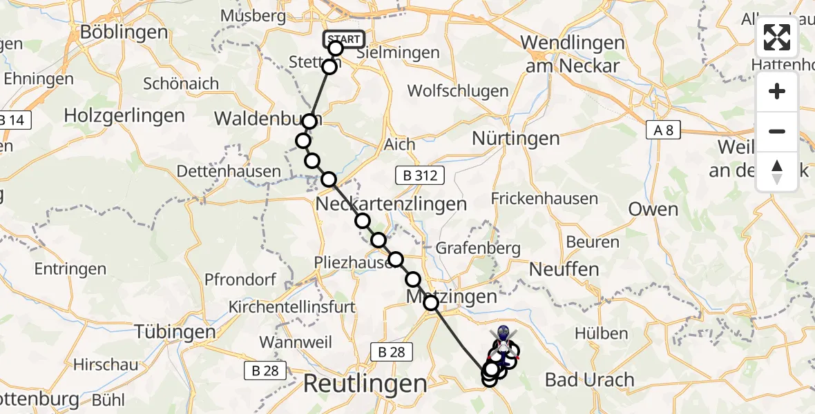 Flugroute Polizeihubschrauber Flughafen Stuttgart - Metzingen, 24 März 2026, 11:38