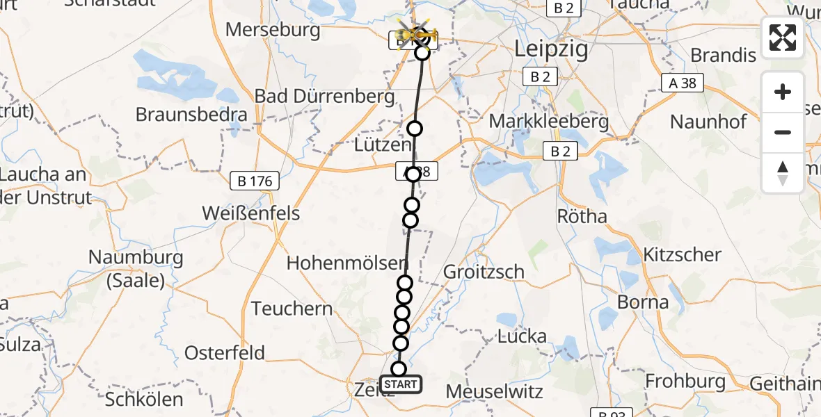 Routekaart van de vlucht: Rettungshubschrauber nach ADAC Air Rescue Station Leipzig/Schkeuditz-Dölzig Hubschrauberlandeplatz (Christoph 61)