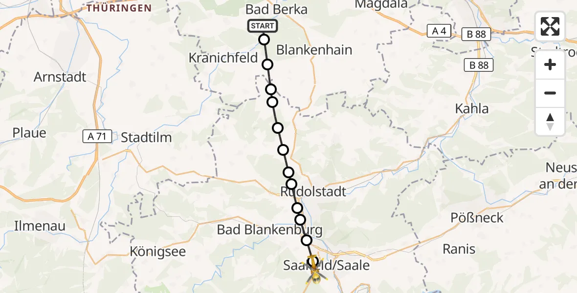 Flugroute Ambulanzhubschrauber Bad Berka - Thuringia Hospital Saalfeld, 24 März 2026, 11:49
