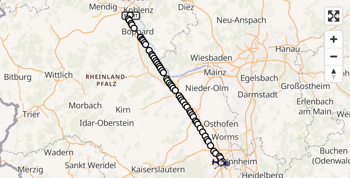 Flugroute Polizeihubschrauber Koblenz-Winningen Flugplatz - Autobahnpolizei Ruchheim Hubschrauberlandeplatz, 24 März 2026, 11:50