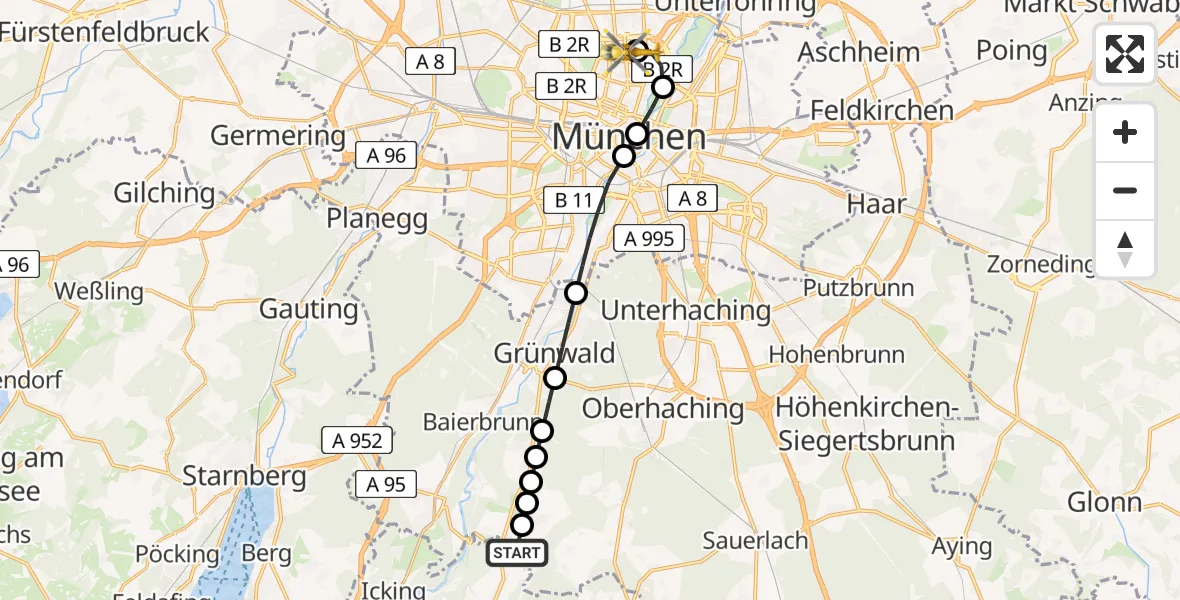 Flugroute Rettungshubschrauber Deining - München, 24 März 2026, 11:56