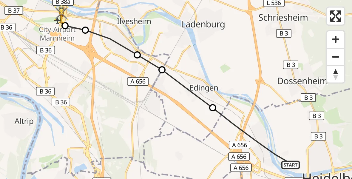Flugroute Rettungshubschrauber Heidelberg - Mannheim-City Flughafen, 24 März 2026, 11:58