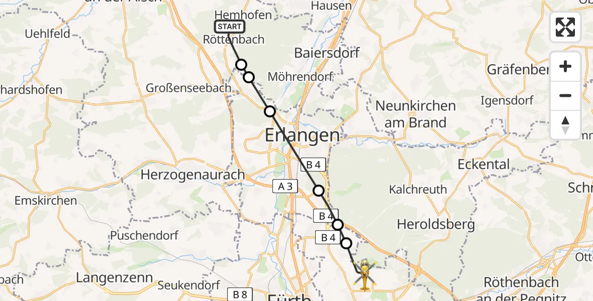 Routekaart van de vlucht: Ambulanzhubschrauber nach Flughafen Nuremberg