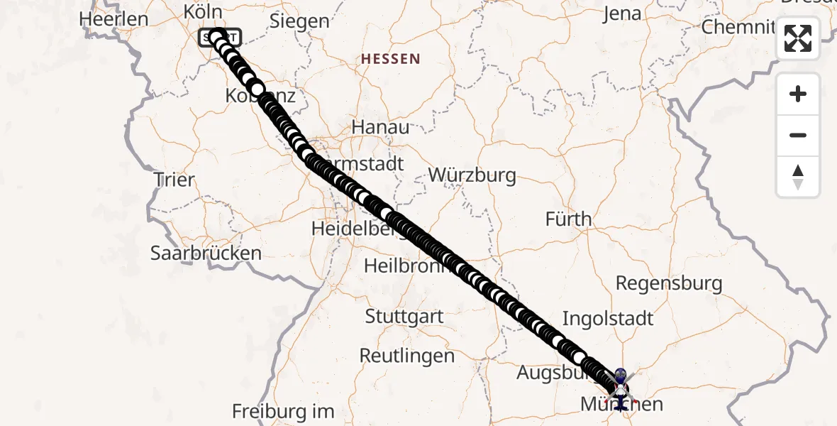 Flugroute Polizeihubschrauber Sankt Augustin - Oberschleißheim, 24 März 2026, 12:05