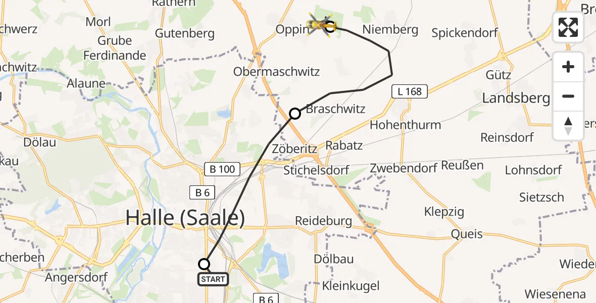 Flugroute Ambulanzhubschrauber BG Hospital Bergmannstrost Halle - Halle-Oppin Flugplatz, 24 März 2026, 12:08