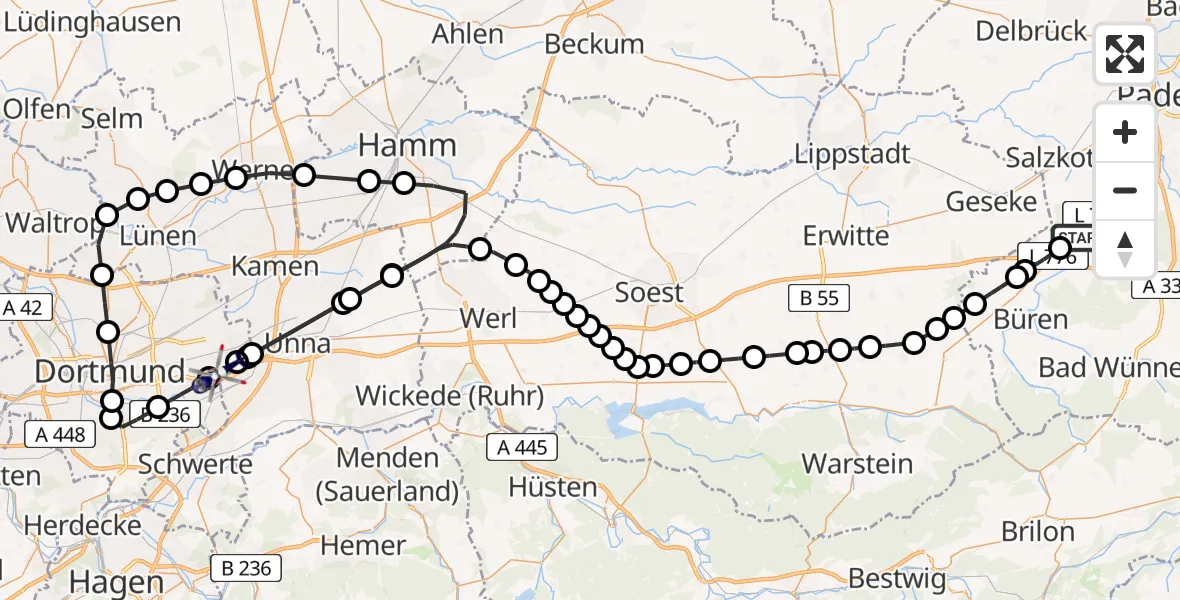 Routekaart van de vlucht: Polizeihubschrauber nach Dortmund Flughafen, Paderborn Lippstadt Flughafen