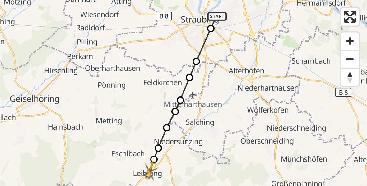 Flugroute Rettungshubschrauber Sankt Elisabeth Hospital Straubing - Obersunzing, 24 März 2026, 12:12