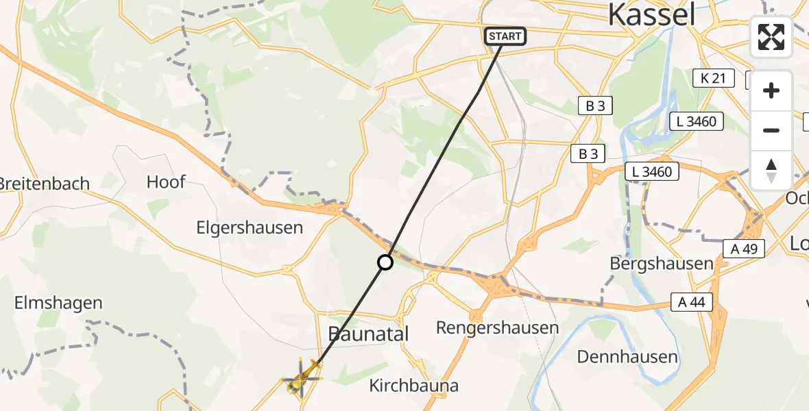 Flugroute Rettungshubschrauber Kassel - Baunatal, 24 März 2026, 12:12