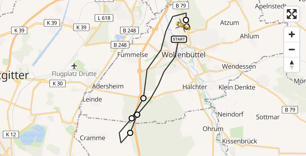 Flugroute Rettungshubschrauber Wolfenbüttel - Wolfenbüttel Municipal Hospital Heliport (Christoph 30), 24 März 2026, 12:14