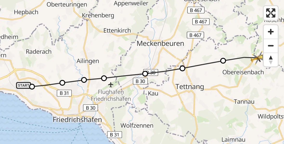 Flugroute Rettungshubschrauber Friedrichshafen Hospital - Tannau, 24 März 2026, 12:23