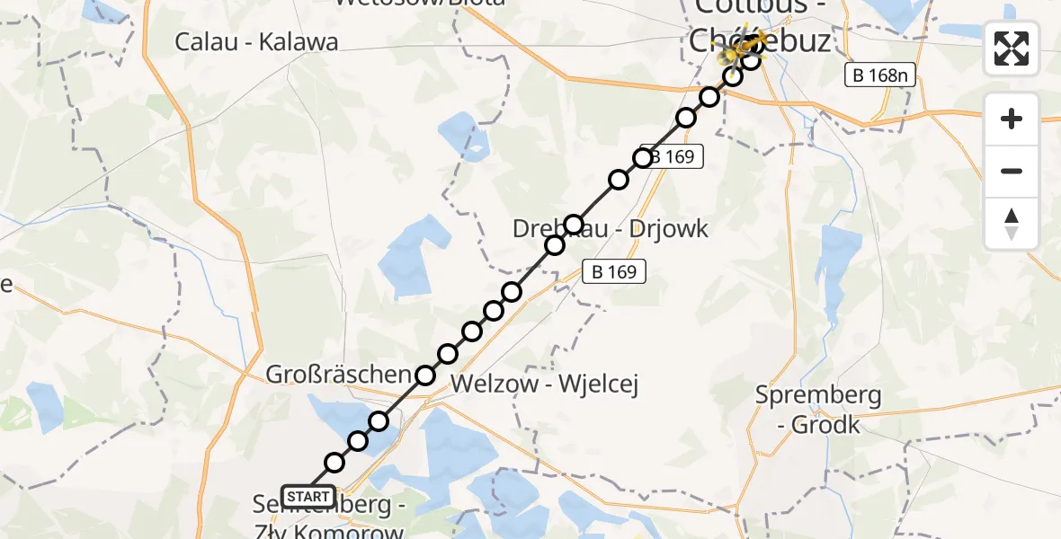 Flugroute Ambulanzhubschrauber ADAC Luftrettungsstation Senftenberg Hubschrauberlandeplatz - Carl Thien Hospital Cottbus, 24 März 2026, 12:29