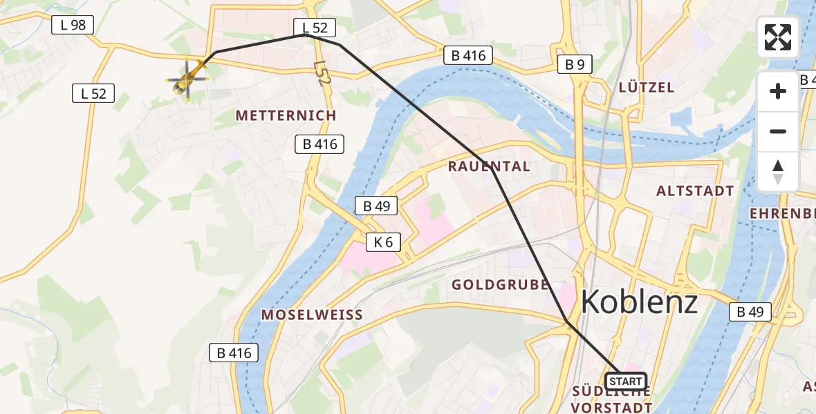 Routekaart van de vlucht: Rettungshubschrauber nach Koblenz, Rübenacher Straße