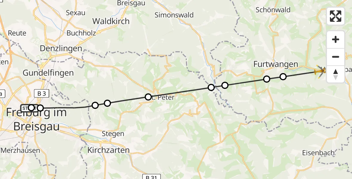 Routekaart van de vlucht: Rettungshubschrauber nach Vöhrenbach, Freiburg University Hospital Heliport 1