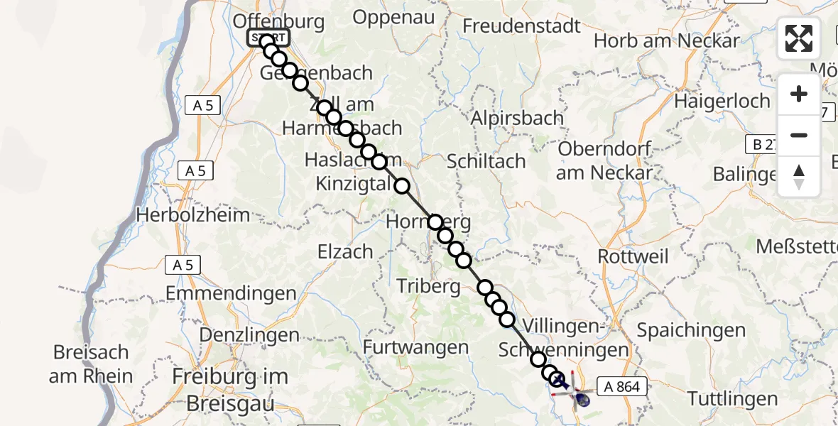 Flugroute Polizeihubschrauber Offenburg-Baden Flugplatz - Klengen, 24 März 2026, 12:35