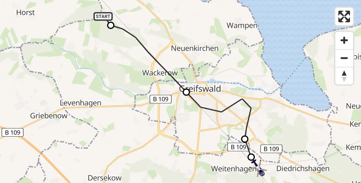 Routekaart van de vlucht: Polizeihubschrauber nach Weitenhagen, Mesekenhagen