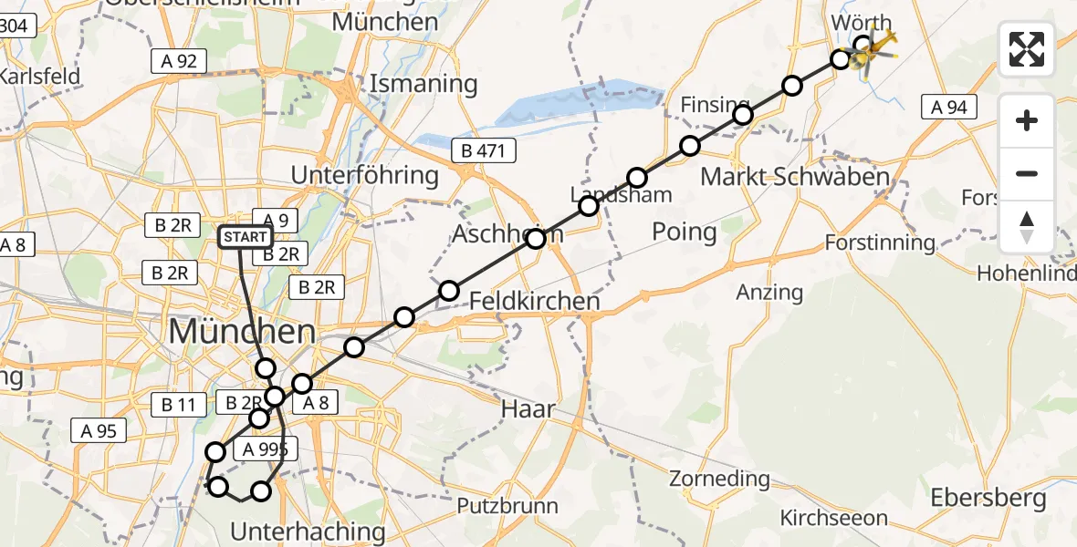 Flugroute Rettungshubschrauber München - Breitötting, 24 März 2026, 12:36