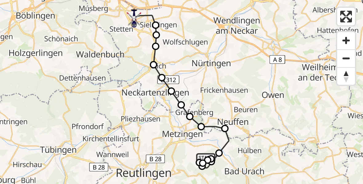 Routekaart van de vlucht: Polizeihubschrauber nach Flughafen Stuttgart, Galgensteig-Traufweg