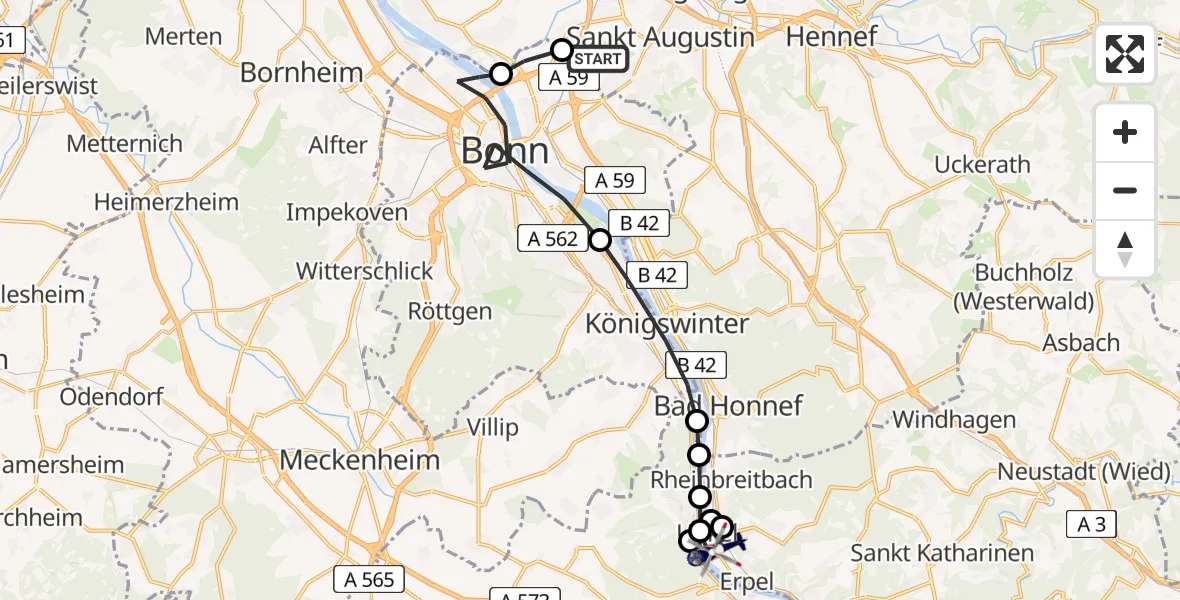 Routekaart van de vlucht: Polizeihubschrauber nach Unkel, Richthofenstraße