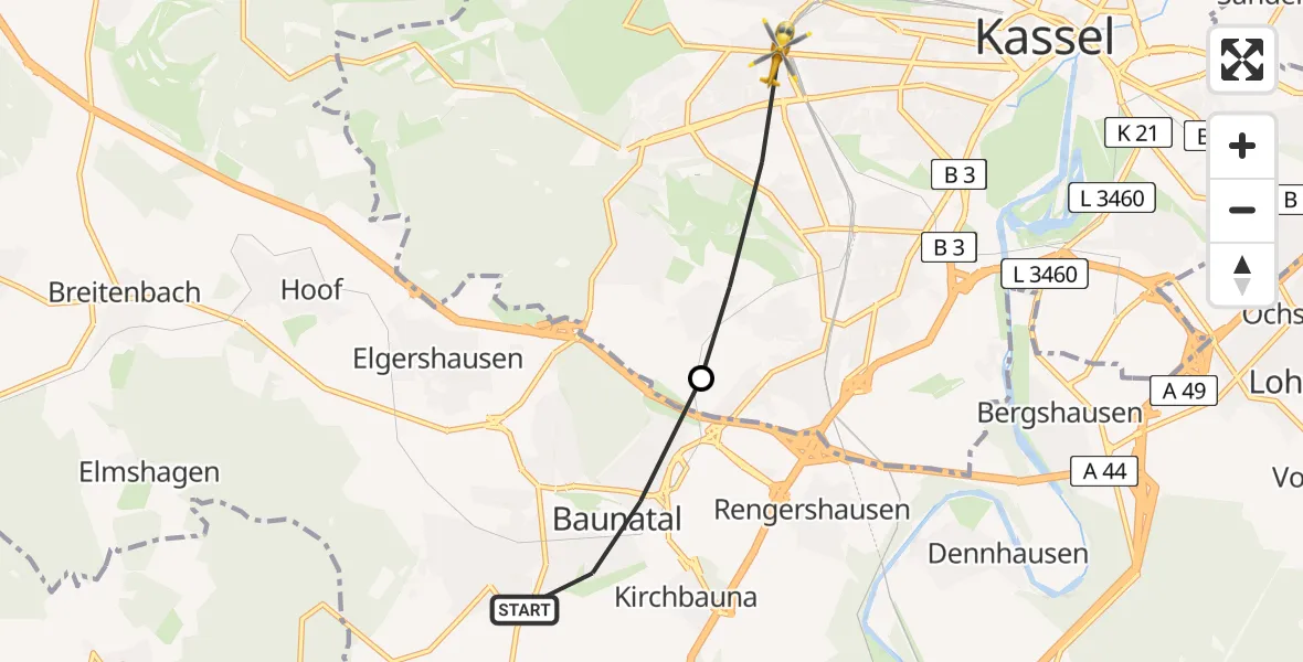 Flugroute Rettungshubschrauber Baunatal - Kassel, 24 März 2026, 12:41