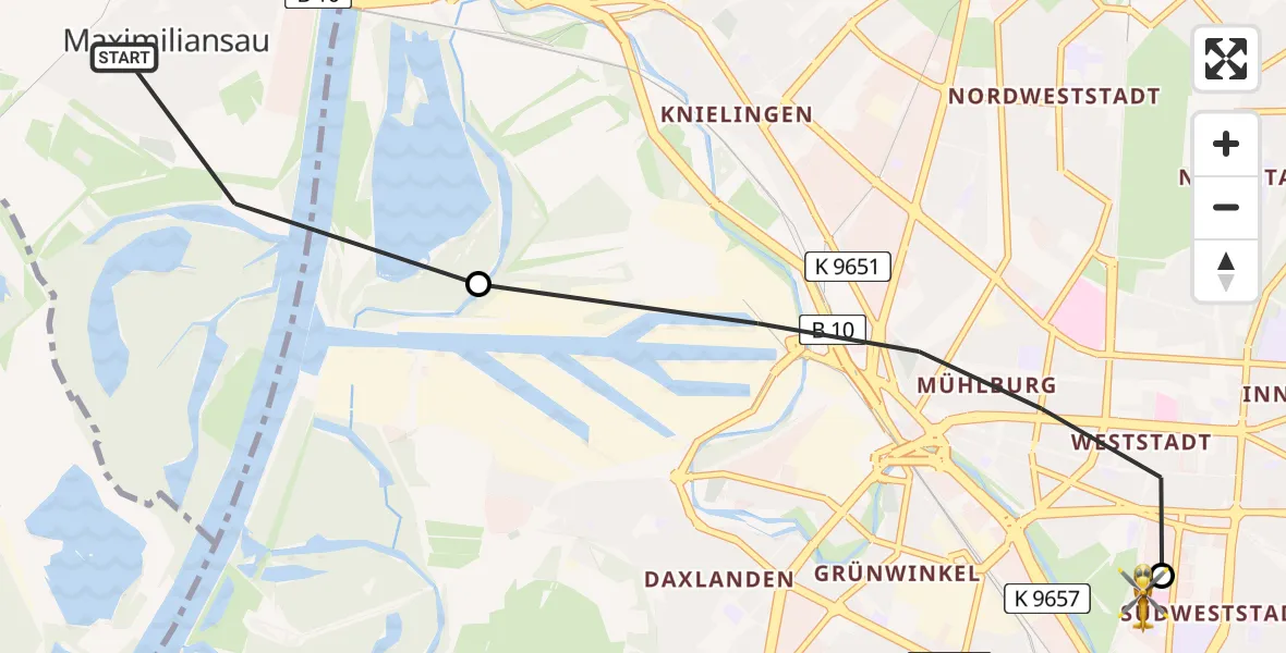 Flugroute Rettungshubschrauber Maximiliansau - Sankt Vincentius Hospital, 24 März 2026, 12:58
