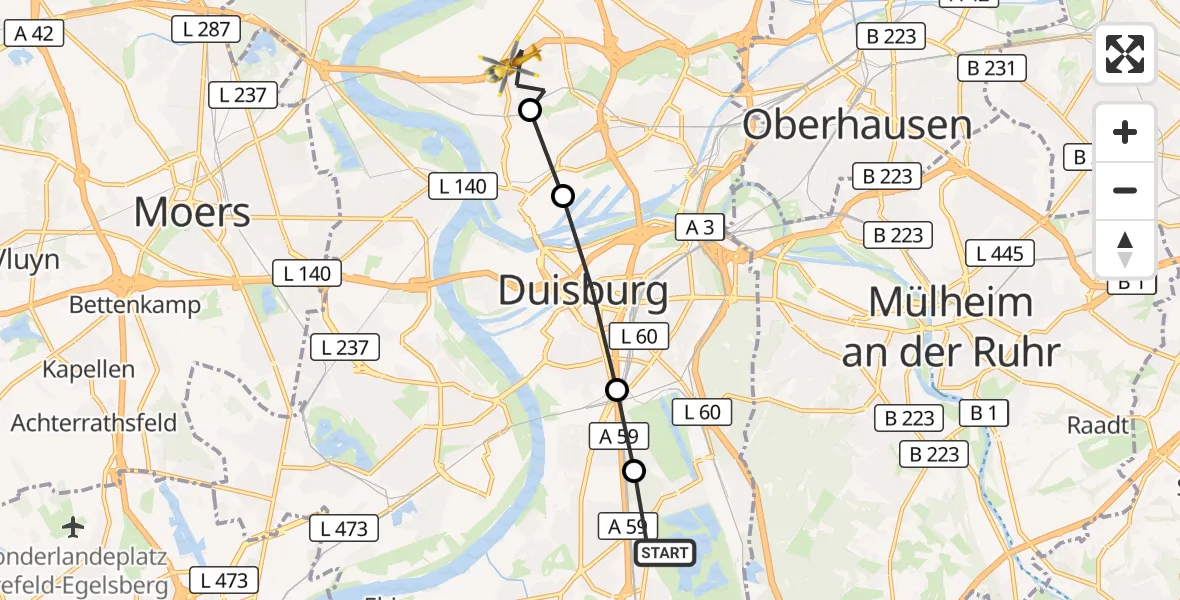 Flugroute Rettungshubschrauber Duisburg Air Rescue Hubschrauberlandeplatz (Christoph 9) - Meiderich/Beeck, 24 März 2026, 14:02