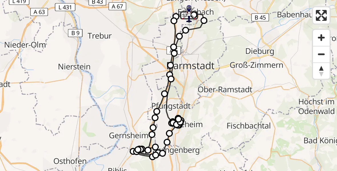 Flugroute Polizeihubschrauber Flughafen Frankfurt-Egelsbach - Flughafen Frankfurt-Egelsbach, 24 März 2026, 14:04