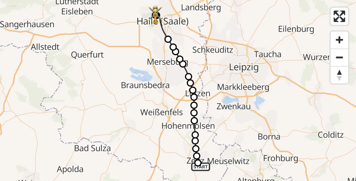 Flugroute Rettungshubschrauber Zeitz Hospital - Halle (Saale) University Hospital, 24 März 2026, 14:08