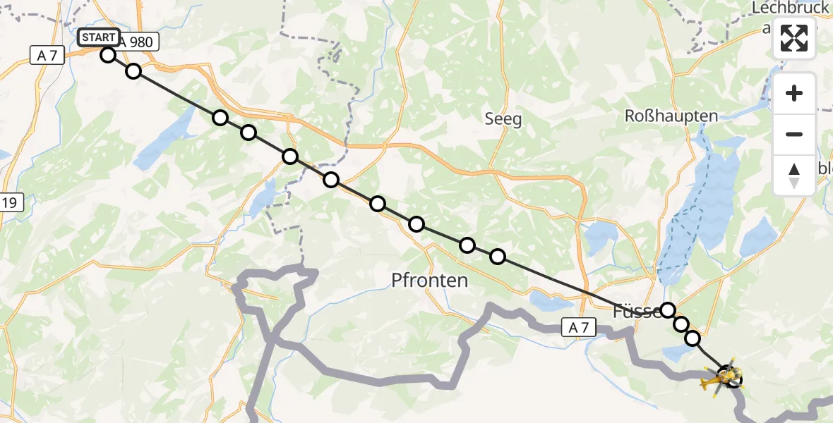 Flugroute Rettungshubschrauber Kempten-Durach Flugplatz - Schwangau, 24 März 2026, 14:09