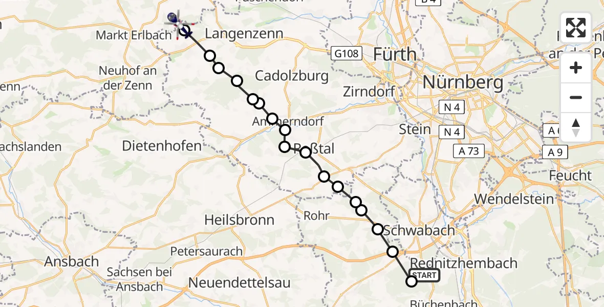 Routekaart van de vlucht: Polizeihubschrauber nach Wilhermsdorf, FÜ 18