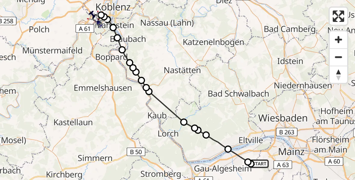 Flugroute Polizeihubschrauber Mainz-Finthen Flugplatz - Koblenz-Winningen Flugplatz, 24 März 2026, 14:24