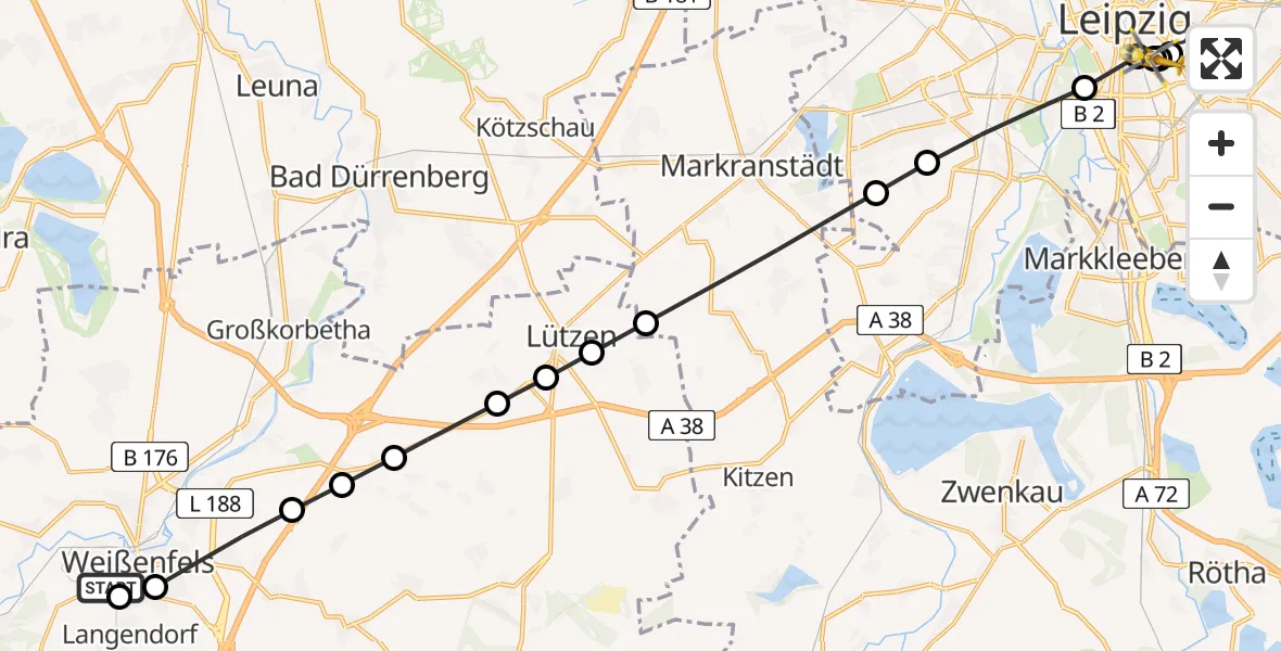 Flugroute Rettungshubschrauber Asklepios Clinic Weißenfels - Leipzig University Hospital Heliport 1, 24 März 2026, 14:27