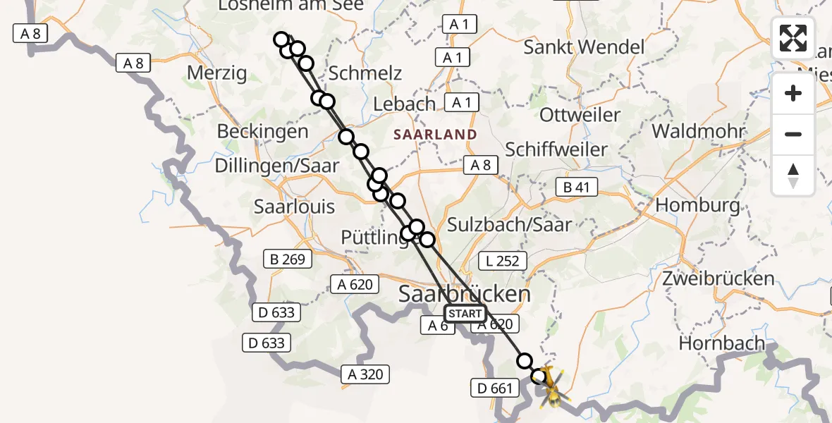 Flugroute Rettungshubschrauber Saarbrücken - Bliesmengen-Bolchen, 24 März 2026, 14:27