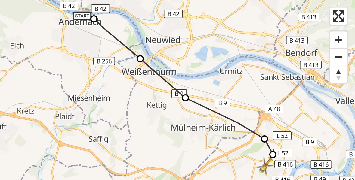 Routekaart van de vlucht: Rettungshubschrauber nach Koblenz, Rübenacher Straße