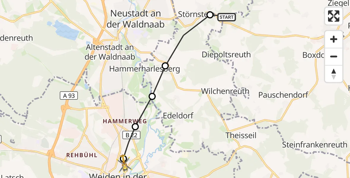 Flugroute Rettungshubschrauber Floß - Weiden Hospital, 24 März 2026, 14:29