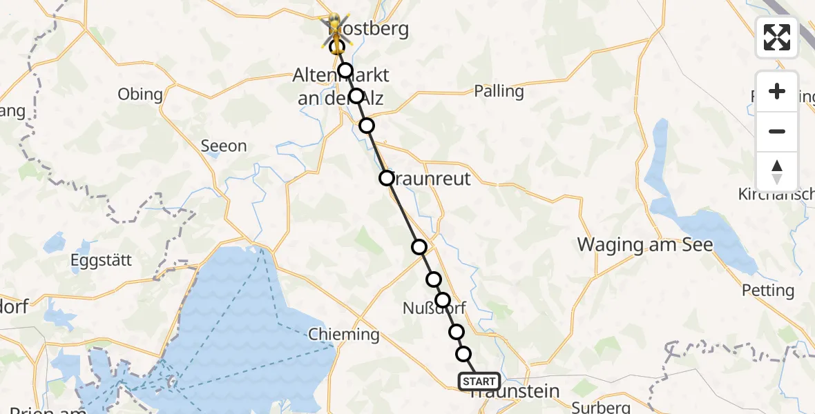 Flugroute Rettungshubschrauber Traunstein Hospital - Trostberg, 24 März 2026, 14:30