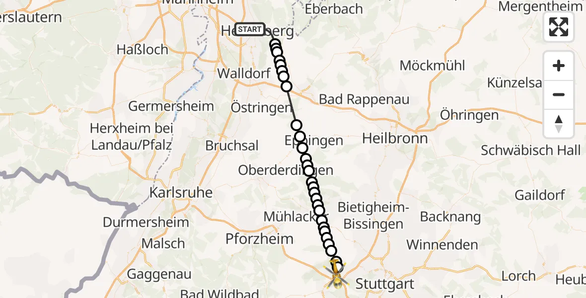 Flugroute Rettungshubschrauber Heidelberg - Leonberg Hospital Hubschrauberlandeplatz, 24 März 2026, 14:32