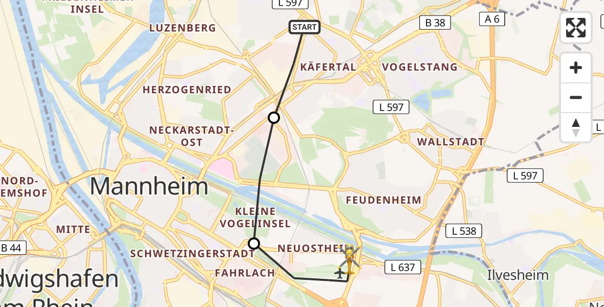 Flugroute Rettungshubschrauber Mannheim - Mannheim-City Flughafen, 24 März 2026, 14:34