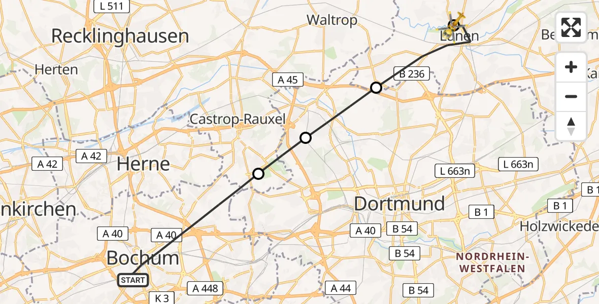 Flugroute Ambulanzhubschrauber Bochum - Sankt Marien Hospital, 24 März 2026, 14:34