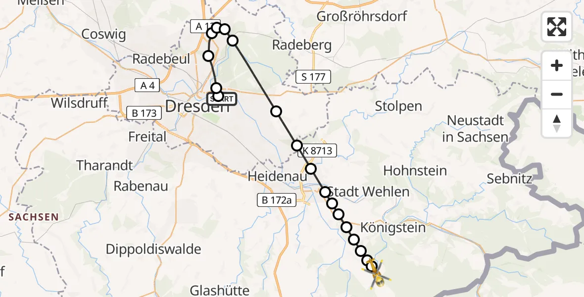 Flugroute Rettungshubschrauber Dresden University Hospital - Bielatal, 24 März 2026, 14:36