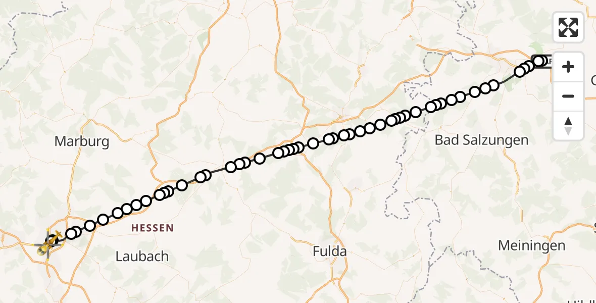 Flugroute Rettungshubschrauber Eisenach-Kindel Flughafen - Gießen, 24 März 2026, 14:38