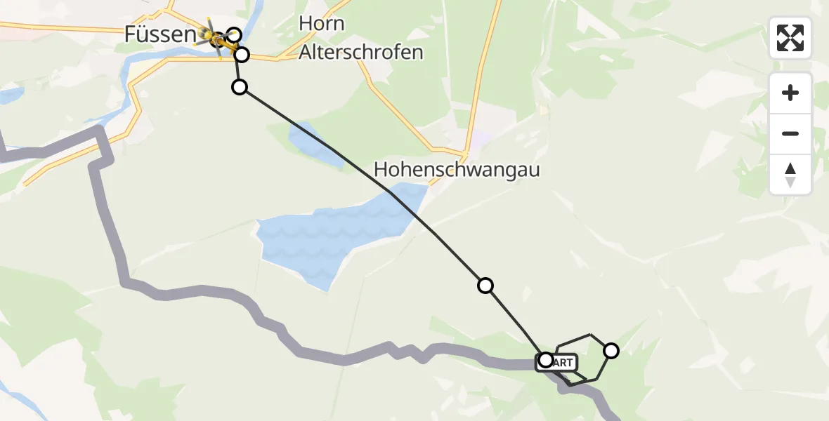 Flugroute Rettungshubschrauber Schwangau - Füssen, 24 März 2026, 14:40